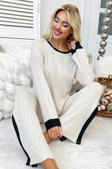 Bella Notte Ekru Uzun Kollu Yırtmaç Detaylı Alt Üst Takım 77324