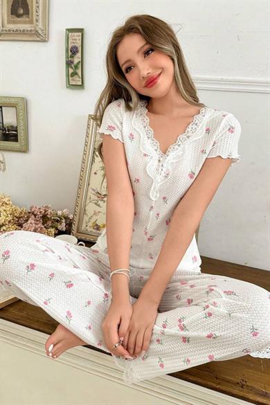 Bella Notte Ekru V Yakalı Dantel Detaylı Vintage Pijama Takımı 7319