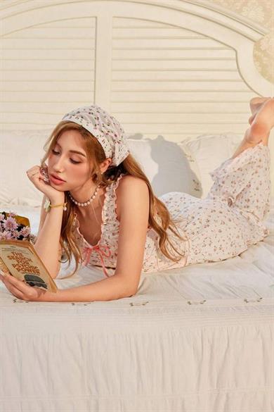 Bella Notte Ekru Vintage Model Çiçek Desenli Naif Pijama Takımı 7323