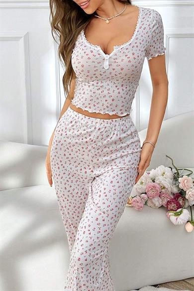 Bella Notte Ekru Yaz Romantizmi Kısa Kollu Pijama Takımı 7125