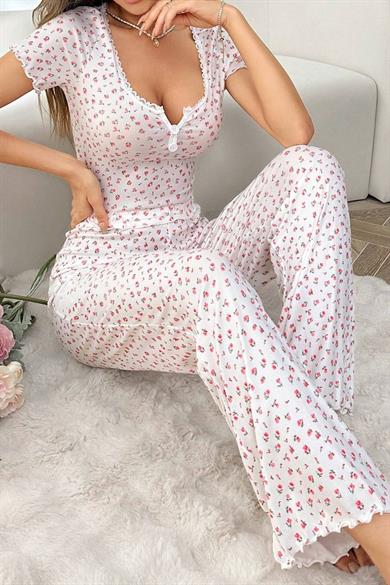 Bella Notte Ekru Yaz Romantizmi Kısa Kollu Pijama Takımı 7125