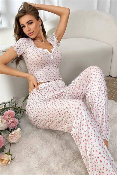 Bella Notte Ekru Yaz Romantizmi Kısa Kollu Pijama Takımı 7125