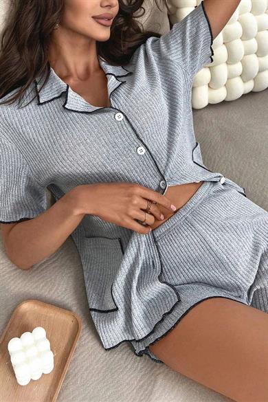 Bella Notte Gri Düğmeli Pamuklu Şort Takım 7577
