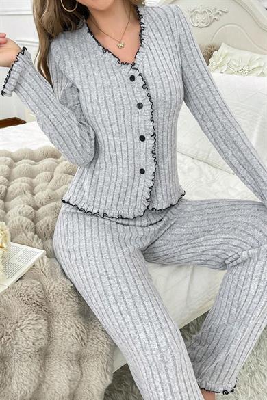 Bella Notte Gri Fırfırlı V Yaka Pamuklu Pijama Takımı 7091