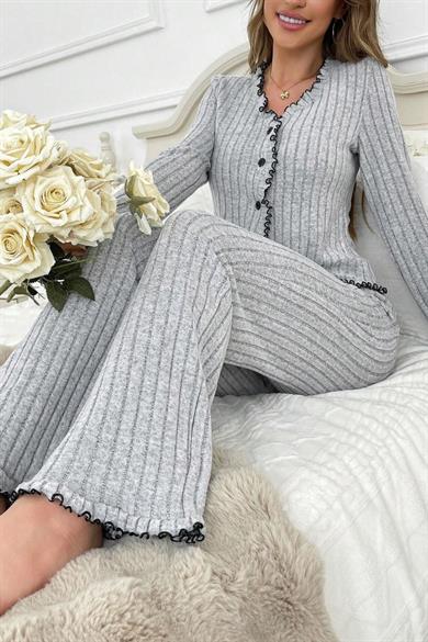 Bella Notte Gri Fırfırlı V Yaka Pamuklu Pijama Takımı 7091
