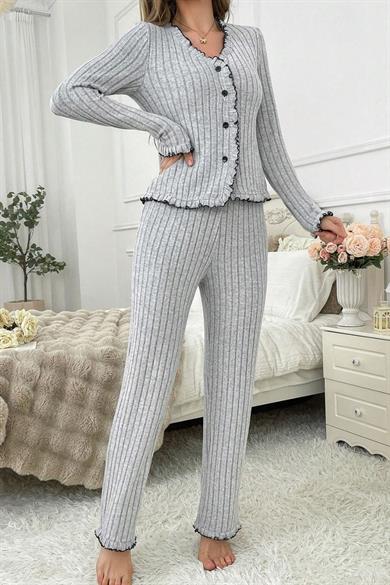 Bella Notte Gri Fırfırlı V Yaka Pamuklu Pijama Takımı 7091