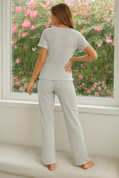 Bella Notte Gri Kısa Kollu Fiyonk Detaylı Pamuklu Pijama Takımı 7193