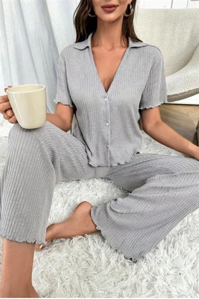 Bella Notte Gri Kısa Kollu V Yaka Pamuklu Pijama Takımı 7115