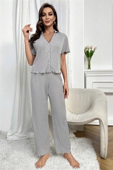 Bella Notte Gri Kısa Kollu V Yaka Pamuklu Pijama Takımı 7115
