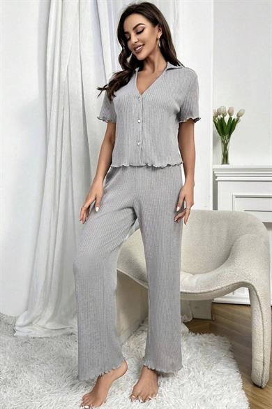 Bella Notte Gri Kısa Kollu V Yaka Pamuklu Pijama Takımı 7115