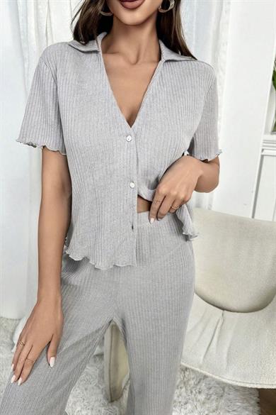 Bella Notte Gri Kısa Kollu V Yaka Pamuklu Pijama Takımı 7115