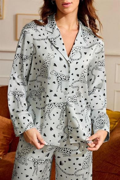 Bella Notte Gri Leopar Figürlü Saten Pijama Takımı 7101
