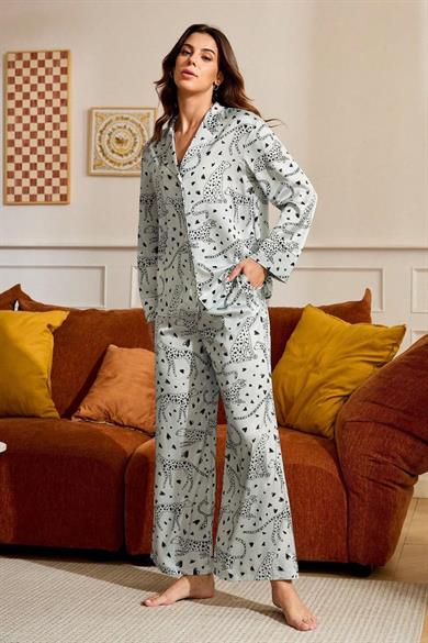 Bella Notte Gri Leopar Figürlü Saten Pijama Takımı 7101