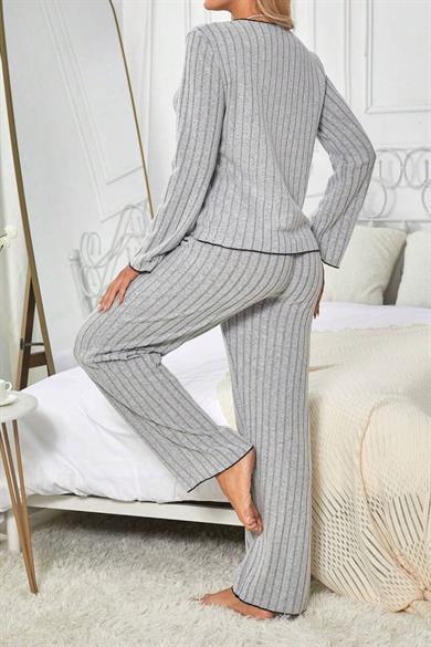 Bella Notte Gri Pamuklu Fiyonk Detaylı Pijama Takımı 77133
