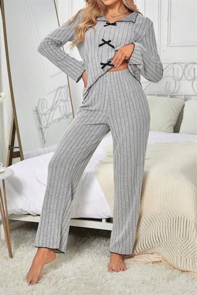 Bella Notte Gri Pamuklu Fiyonk Detaylı Pijama Takımı 77133