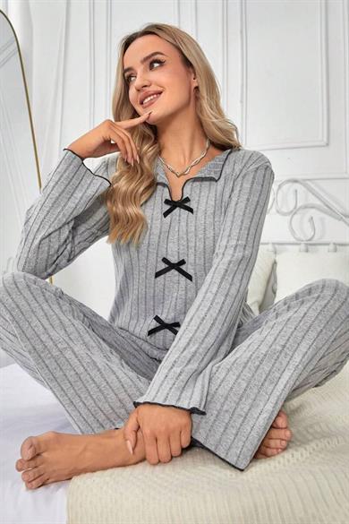 Bella Notte Gri Pamuklu Fiyonk Detaylı Pijama Takımı 77133