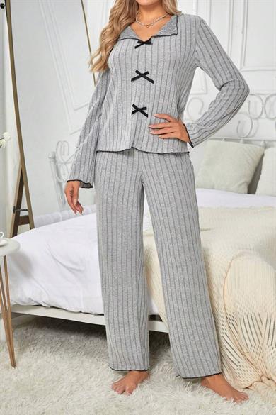 Bella Notte Gri Pamuklu Fiyonk Detaylı Pijama Takımı 77133