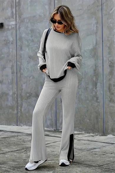 Bella Notte Gri Pamuklu Yırtmaç Detaylı Alt Üst Takım 77327