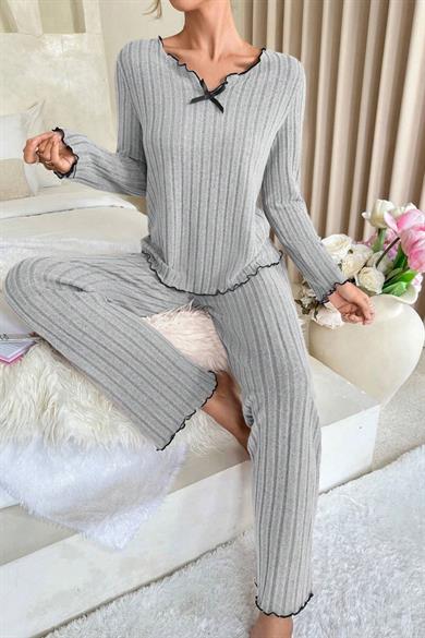 Bella Notte Gri Uzun Kollu Pamuklu Pijama Takımı 7093