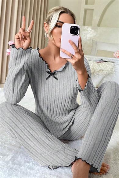 Bella Notte Gri Uzun Kollu Pamuklu Pijama Takımı 7093