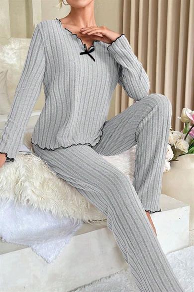 Bella Notte Gri Uzun Kollu Pamuklu Pijama Takımı 7093