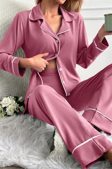 Bella Notte Gül Kurusu Düğme Detaylı Pamuklu Pijama Takımı 7145