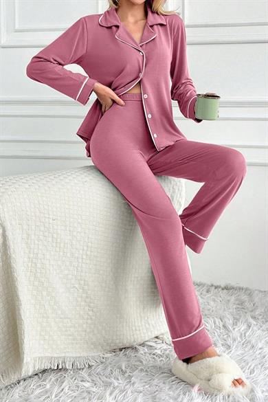 Bella Notte Gül Kurusu Düğme Detaylı Pamuklu Pijama Takımı 7145