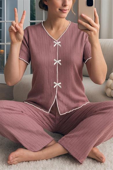 Bella Notte Gül Kurusu Fiyonklu V Yaka Yazlık Pijama Takımı 7315