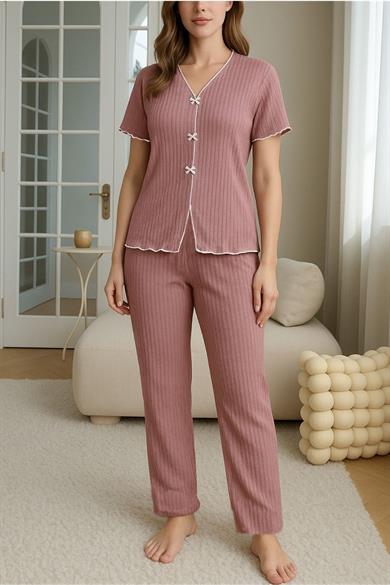 Bella Notte Gül Kurusu Fiyonklu V Yaka Yazlık Pijama Takımı 7315