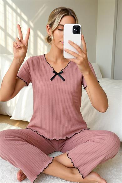 Bella Notte Gül Kurusu Kısa Kollu Pamuklu Pijama Takımı 7339