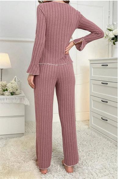 Bella Notte Gül Kurusu Kurdale Detaylı Uzun Kollu Pijama Takımı 7159