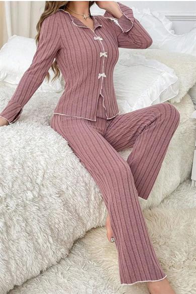 Bella Notte Gül Kurusu Kurdale Detaylı Uzun Kollu Pijama Takımı 7159