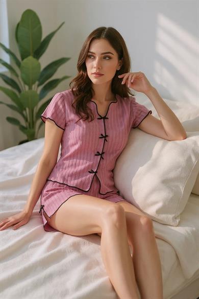 Bella Notte Gül Kurusu Pamuklu Fiyonk Detaylı Şort Takım 7799