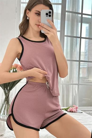 Bella Notte Gülkurusu Kolsuz Pamuklu Şort Takım 7802
