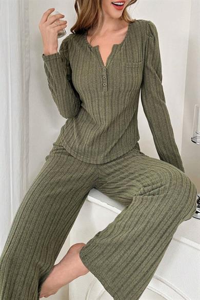 Bella Notte Haki Yeşili Uzun Kollu Pamuklu Pijama Takımı 7069