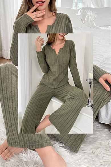 Bella Notte Haki Yeşili Uzun Kollu Pamuklu Pijama Takımı 7069