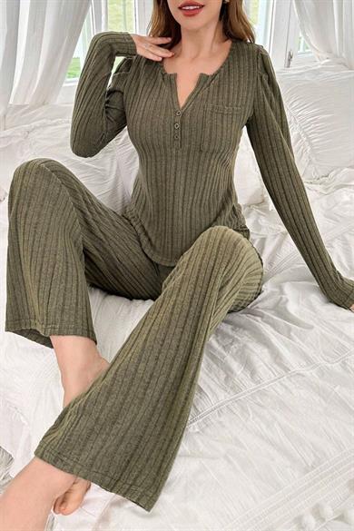 Bella Notte Haki Yeşili Uzun Kollu Pamuklu Pijama Takımı 7069
