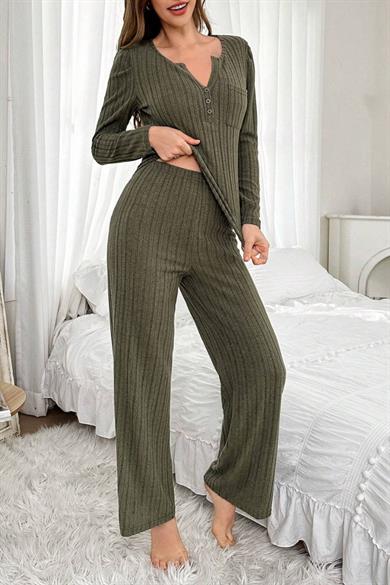 Bella Notte Haki Yeşili Uzun Kollu Pamuklu Pijama Takımı 7069