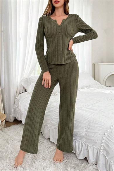 Bella Notte Haki Yeşili Uzun Kollu Pamuklu Pijama Takımı 7069