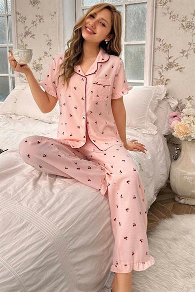 Bella Notte Cherry Patterned Buttoned Baby Collar Pyjama Set 7035 