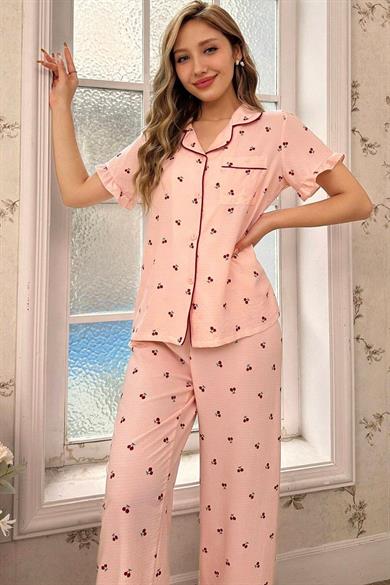 Bella Notte Cherry Patterned Buttoned Baby Collar Pyjama Set 7035 