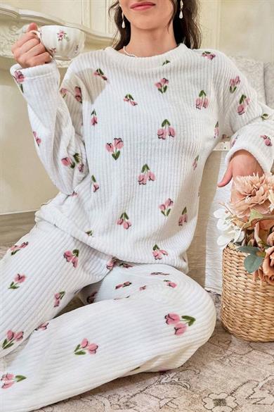 Bella Notte Kırık Beyaz Çiçek Desenli Pamuklu Pijama Takımı 7081