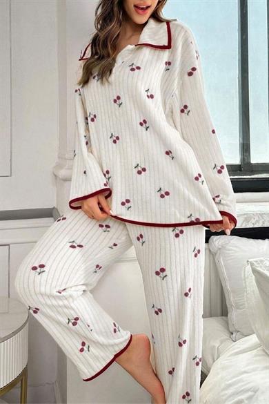 Bella Notte Kırık Beyaz Kiraz Baskılı Pamuklu Kışlık Pijama Takımı 7083