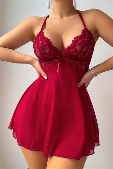 Bella Notte Kırmızı A Kalıp Dantel Detaylı Mini Gecelik 15937