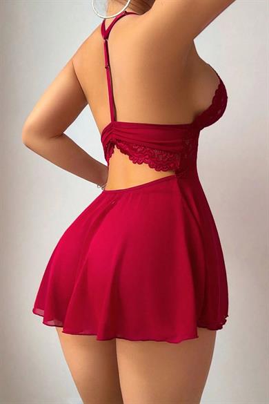 Bella Notte Kırmızı A Kalıp Dantel Detaylı Mini Gecelik 15937