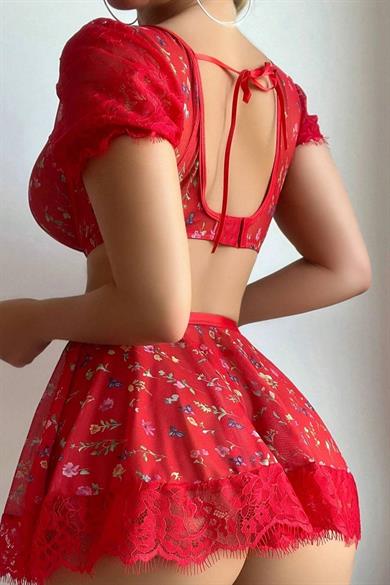 Bella Notte Kırmızı Çiçek Desenli Dantelli Etek Büstiyer Takım ED-19519