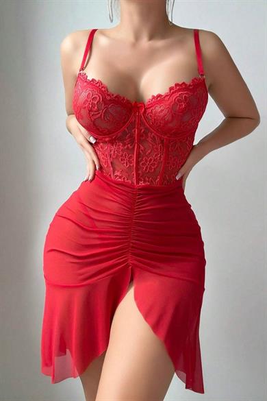 Bella Notte Kırmızı Dantel Detaylı Fantezi Gecelik 15955