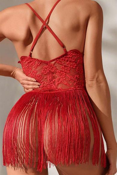 Bella Notte Kırmızı Dantel Detaylı Püsküllü Gecelik 15663