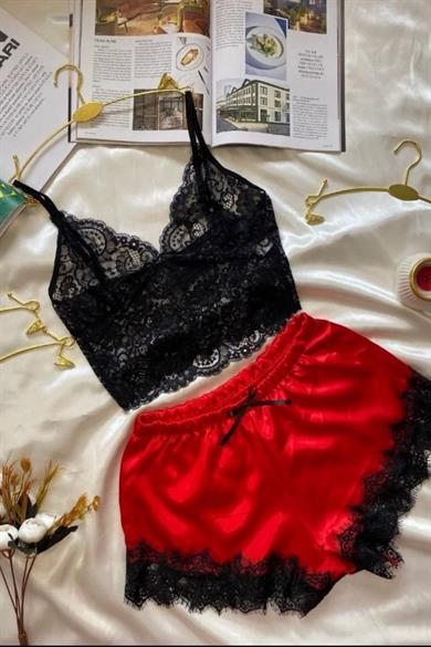 Bella Notte Red Lace Elegance Double Satin Shorts Set S-7550