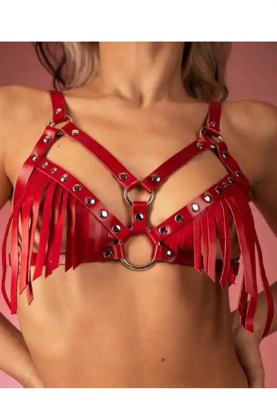 بيلا نوت طقم حزام جلد أحمر مزين بشرابات GD-2142K